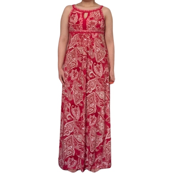 INC Women's Designer Red Floral Paisley Multicolor Sleeveless Halter Maxi Dress - Picture 3 of 5